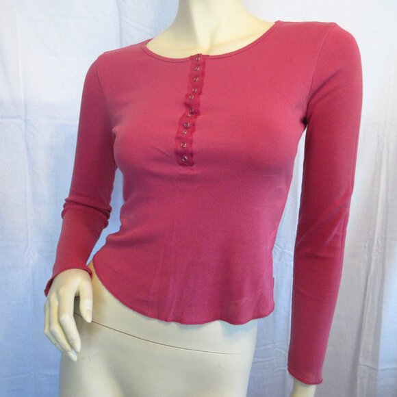 Y2K Vintage Express Pink Long Sleeve Henley Top Preppy Indie Sleaze Layering Tee - Picture 10 of 16